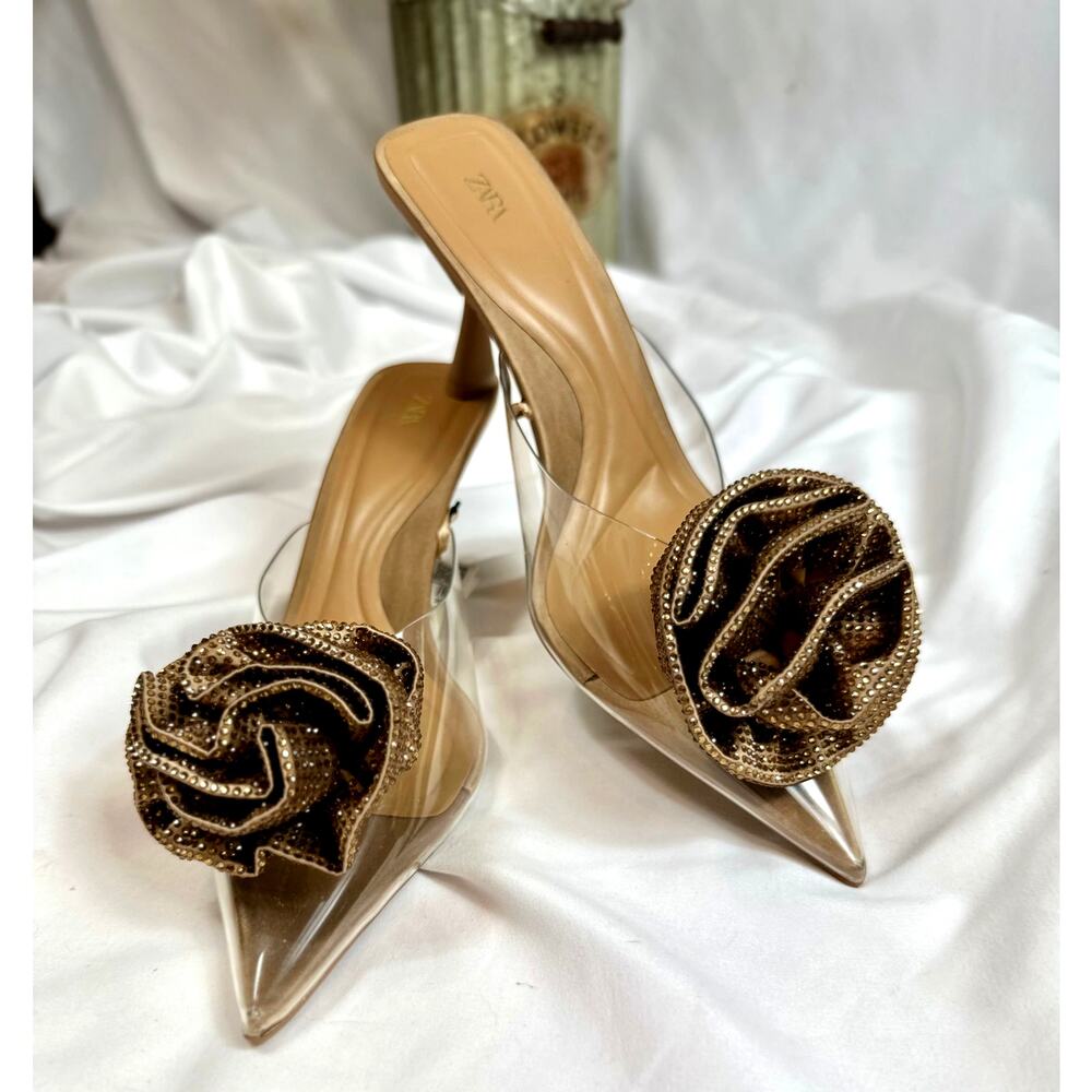 Zara Shiny Embellished Flower Vinyl Mules Beige 39 (8)